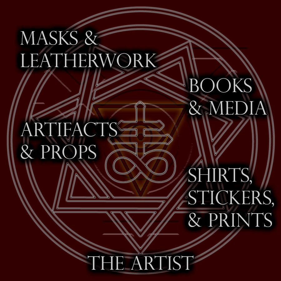 A decorative sigil bearing the same links as seen on the left- LEatherworks, Books and Art, Merch, and other options a clickable.